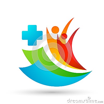 Medical people care cross globe family health concept logo icon element sign on white background Cartoon Illustration