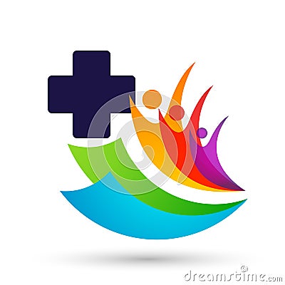 Medical people care cross globe family health concept logo icon element sign on white background Cartoon Illustration