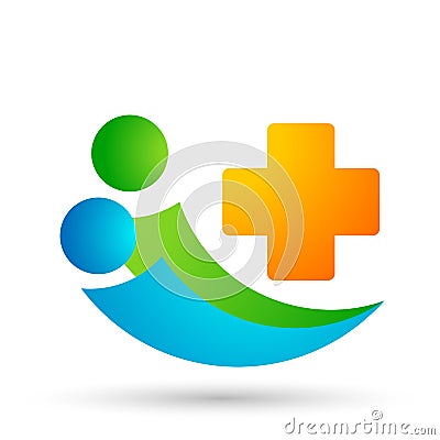 Medical people care cross globe family health concept logo icon element sign on white background Cartoon Illustration