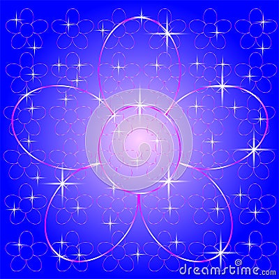 `PINK GLITTERING FLOWER SHAPE,ONE LARGE FLOWER AND MANY SMALL FLOWERS ON BLUE BACKGROUND.VECTOR ILLUSTRATION.` Stock Photo