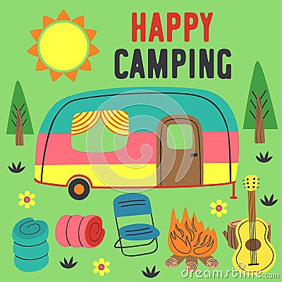 Poster happy camping with a trailer Vector Illustration