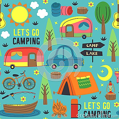 Seamless pattern with summer camping Vector Illustration