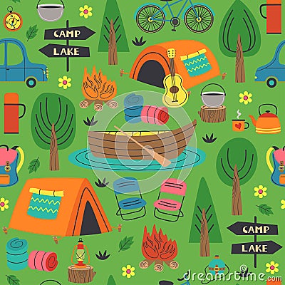 Seamless pattern with summer camping in forest Vector Illustration