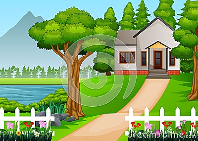 Little house in beautiful village with green yard full of flowers Vector Illustration