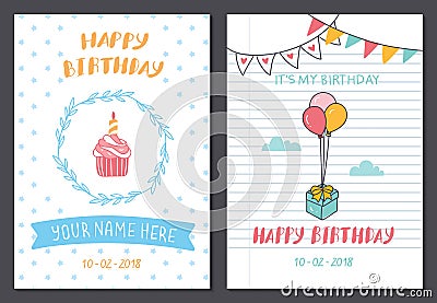 Set of cute birthday card design template Stock Photo