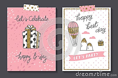 Set of cute birthday card design template Stock Photo