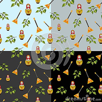 Vector set of seamless pattern of a Russian doll, a birch tree branch, a balalaika. Vector Illustration