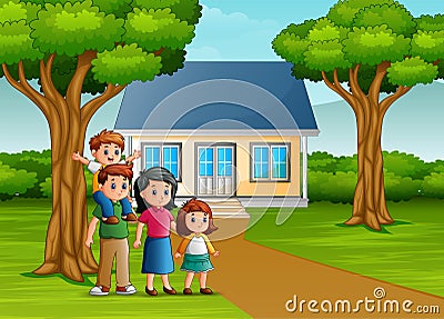 Cartoon family in front of the house yard Vector Illustration