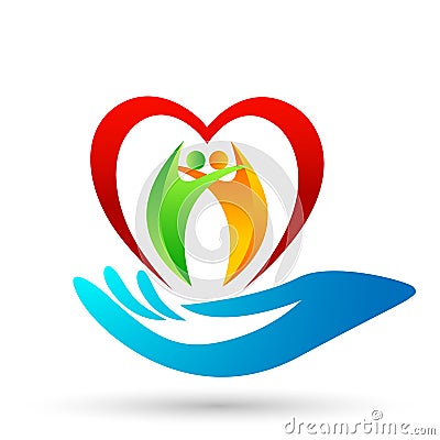 Globe save world People heart care Hands taking care people save protect family care logo icon element vector on white background. Cartoon Illustration