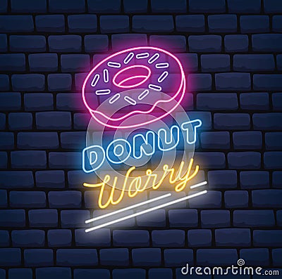 Donut shop neon sign on brick background Stock Photo