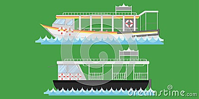 Express boat ship boat vesselcraft barge ark river water Lifebuoy barge float raft punt pram pontoon passenger fare chair pad tick Vector Illustration