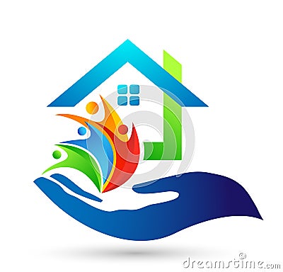 Abstract real estate people save House roof and hand taking care home logo vector element icon design vector on white background Cartoon Illustration