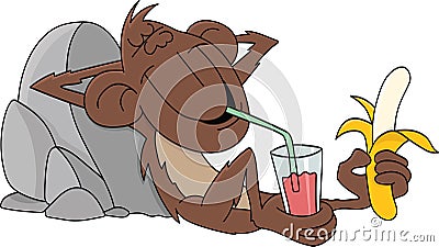 Cartoon monkey relaxing with a banana and a refreshment in his hands vector Vector Illustration