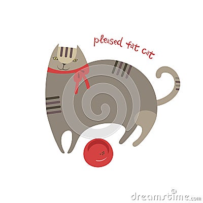 Pleased cute cartoon fat cat with food bowl Vector Illustration