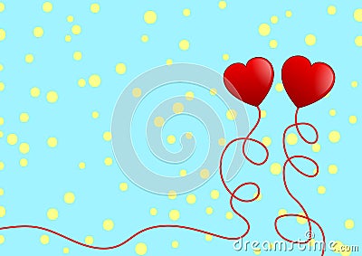 Two Red Hearts and Yellow Dots Pattern in Light Blue Background Stock Photo