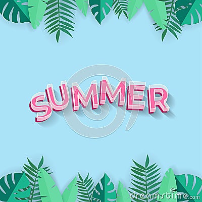 Summer background with pink text and tropical leafs - paper art on blue background vector illustration Vector Illustration