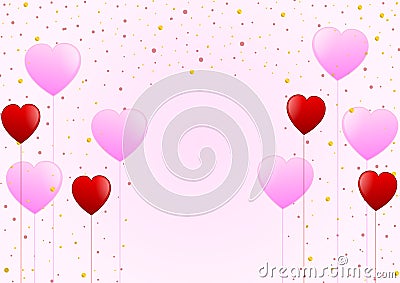 Vector Red and Pink Hearts and Confetti in Pastel Pink Background Vector Illustration