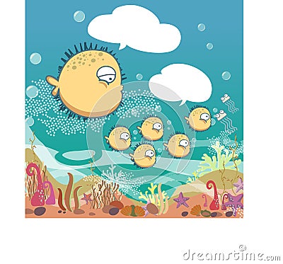 Set of cute family puffer fish blowing in the ocean Vector Illustration