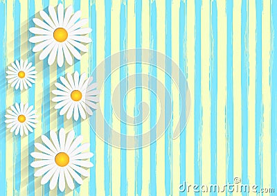 White Daisies in Yellow Background with Blue Watercolor Stripes Pattern Vector Illustration