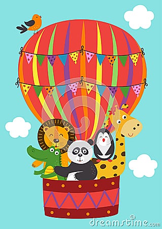 Poster funny animals fly in a balloon Vector Illustration