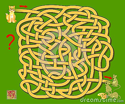 Logic puzzle game with labyrinth for children. Help the cat find the way till the mice. Printable worksheet for brainteaser book. Vector Illustration