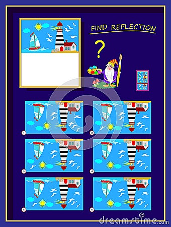 Logic puzzle game for smartest. Help the artist finish the picture, find correct reflection and draw it. Vector Illustration