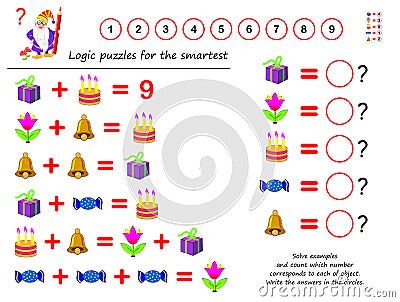 Mathematical logic puzzle game. Solve examples and count which number corresponds to each of object. Write the answers in circles. Vector Illustration