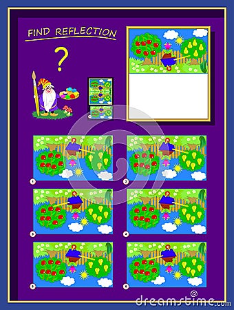 Logic puzzle game for smartest. Help the artist finish the picture, find correct reflection and draw it. Vector Illustration