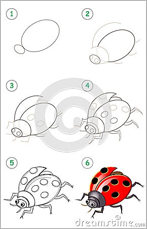 Educational page for kids. How to draw step by step an insect ladybird. Back to school. Vector Illustration