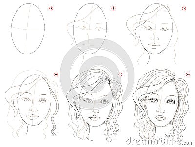 How to create step by step pencil drawing. Page shows how to learn step by step draw fantasy girls portrait. Vector Illustration