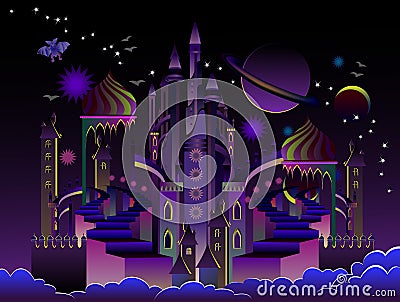 Illustration of fantastic futuristic eastern city at night time. Cover for kids fairy tale book. Poster for travel company. Vector Illustration