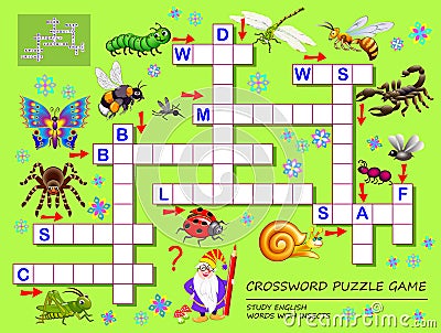 Crossword puzzle game for kids with cute insects. Educational page for children for study English words. Vector Illustration