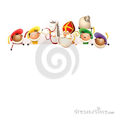 Sinterklaas his horse Amerigo and helpers on board - happy cute characters celebrate Dutch holiday - vector illustration isolated Vector Illustration