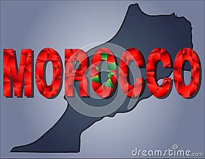 The contours of territory of Morocco and Morocco word in colours of the national flag Vector Illustration