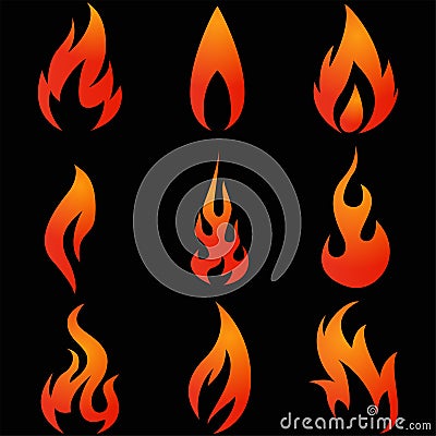 Fire icons set on black background Vector Illustration