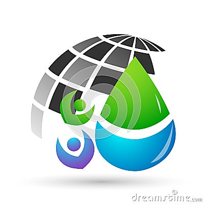Water drop save water globe people life care logo concept of water drop wellness symbol icon nature drops elements vector design Cartoon Illustration