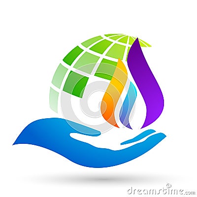 Globe world Flame hands care logo water drop logo symbol icon nature drops elements vector design on white background Cartoon Illustration