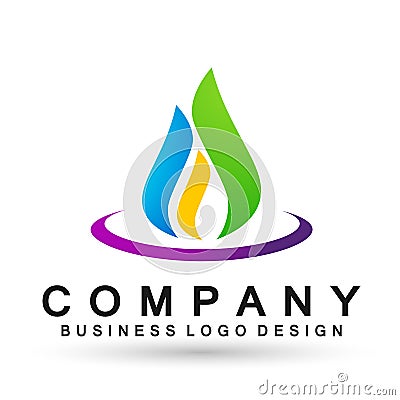 Blue Flame hands care logo fire energy symbol icon nature drops elements vector design on white background Cartoon Illustration