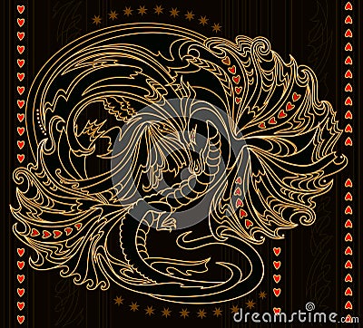 Fantasy illustration of ancient Japanese dragon. Abstract stylized background with eastern decoration. Modern print. Vector Illustration