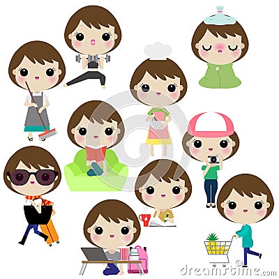 Vector illustration of woman or girl in different lifestyle activities Vector Illustration