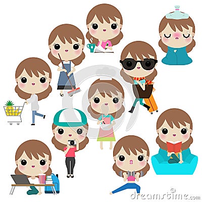 Vector illustration of woman or girl in different lifestyle activities Vector Illustration