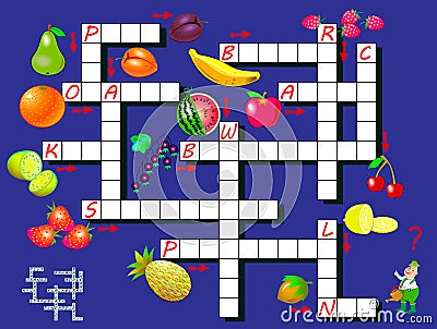 Crossword puzzle game with fruits. Educational page for children for study English language and words. Vector Illustration