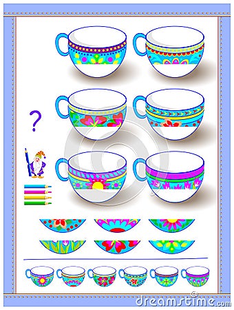 Educational page for kids. Logic puzzle game for children. Need to find and paint second parts of cups. Vector Illustration