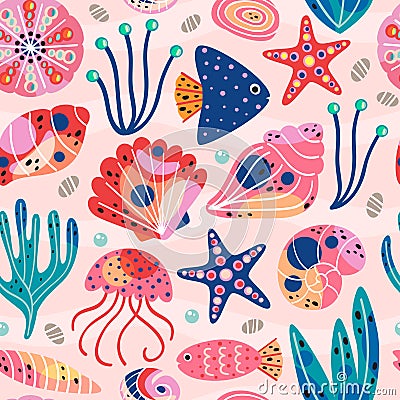 Pink seamless pattern with beautiful underwater sea life Vector Illustration