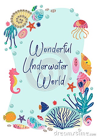 Frame with beautiful underwater sea life Vector Illustration