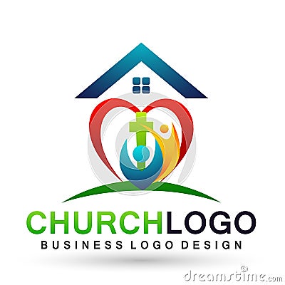 City church people union care love logo design icon on white background Cartoon Illustration