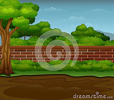 Muddy puddle on the ground with natural landscape Vector Illustration