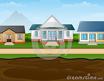 A muddy puddle in front the suburban houses Vector Illustration