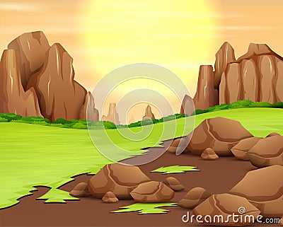 Rocky mountain panorama with the sun shine in the sky Vector Illustration