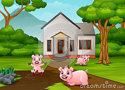 Funny pigs playing a mud puddle in front the house Vector Illustration